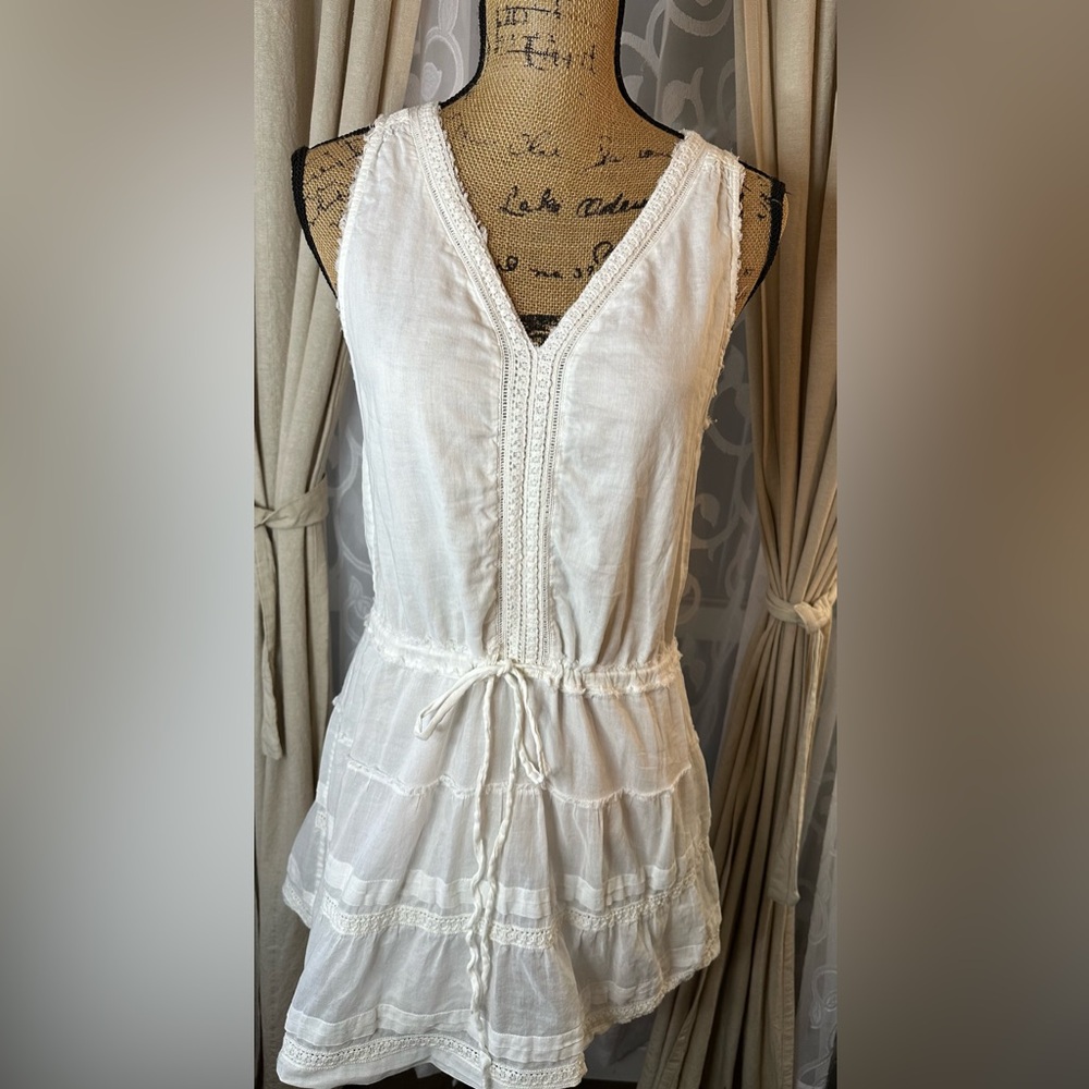 PAIGE White Cotton Boho Tiered Mini Dress | Size Small - Picture 2 of 10